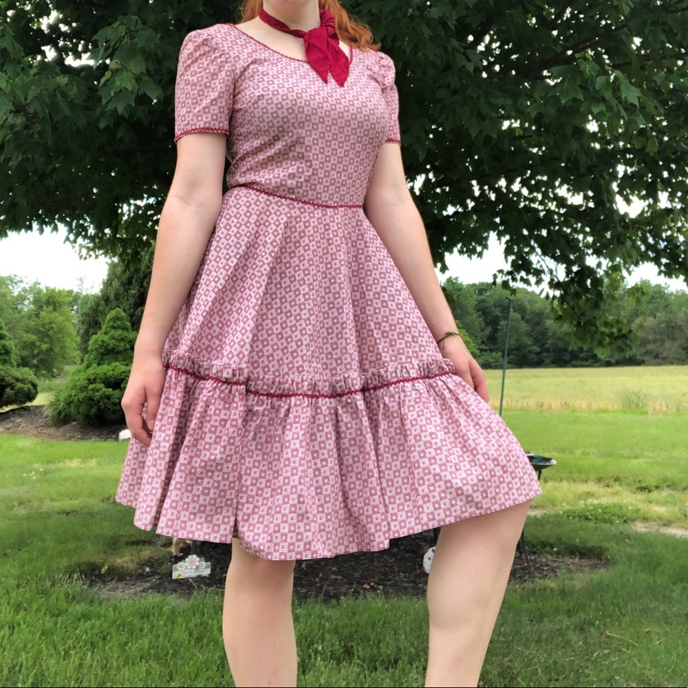 HANDMADE Vintage Maroon Pattern Square Dance Dress